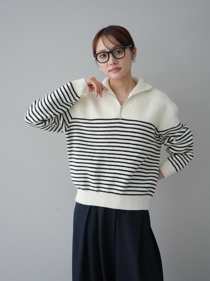 [預訂] 半拉鍊條紋針織/象牙色