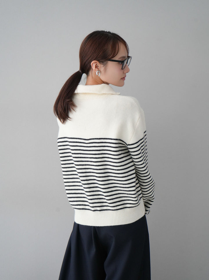 [預訂] 半拉鍊條紋針織/象牙色