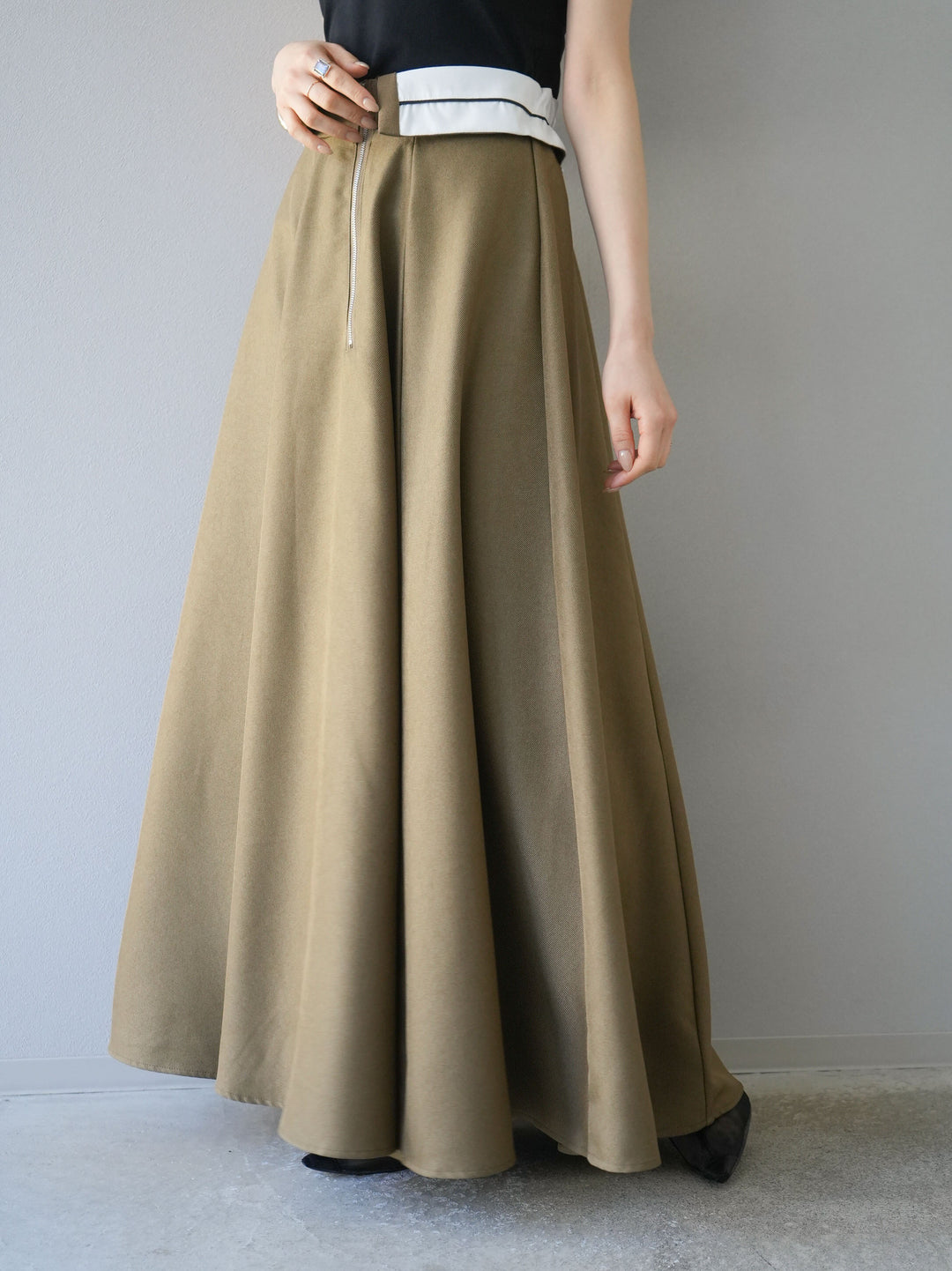 [予約]ヘザーエステル折り返しフレアスカート/ベージュ