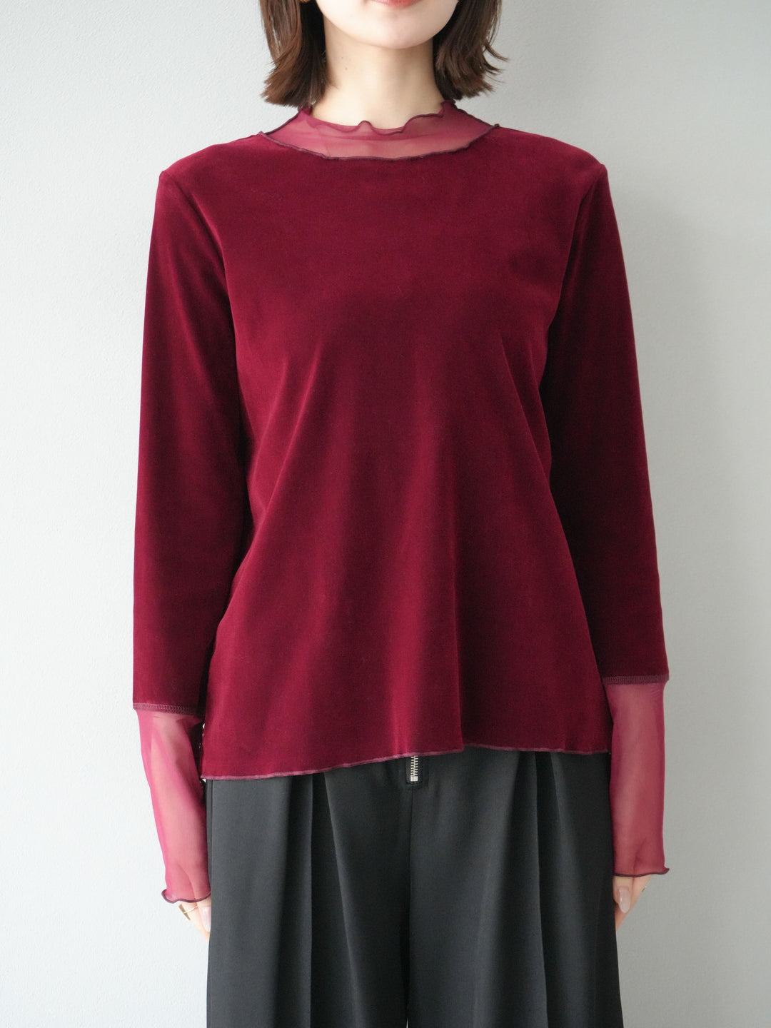 [預購] 薄紗天鵝絨上衣/酒紅色