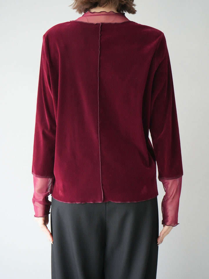 [預購] 薄紗天鵝絨上衣/酒紅色
