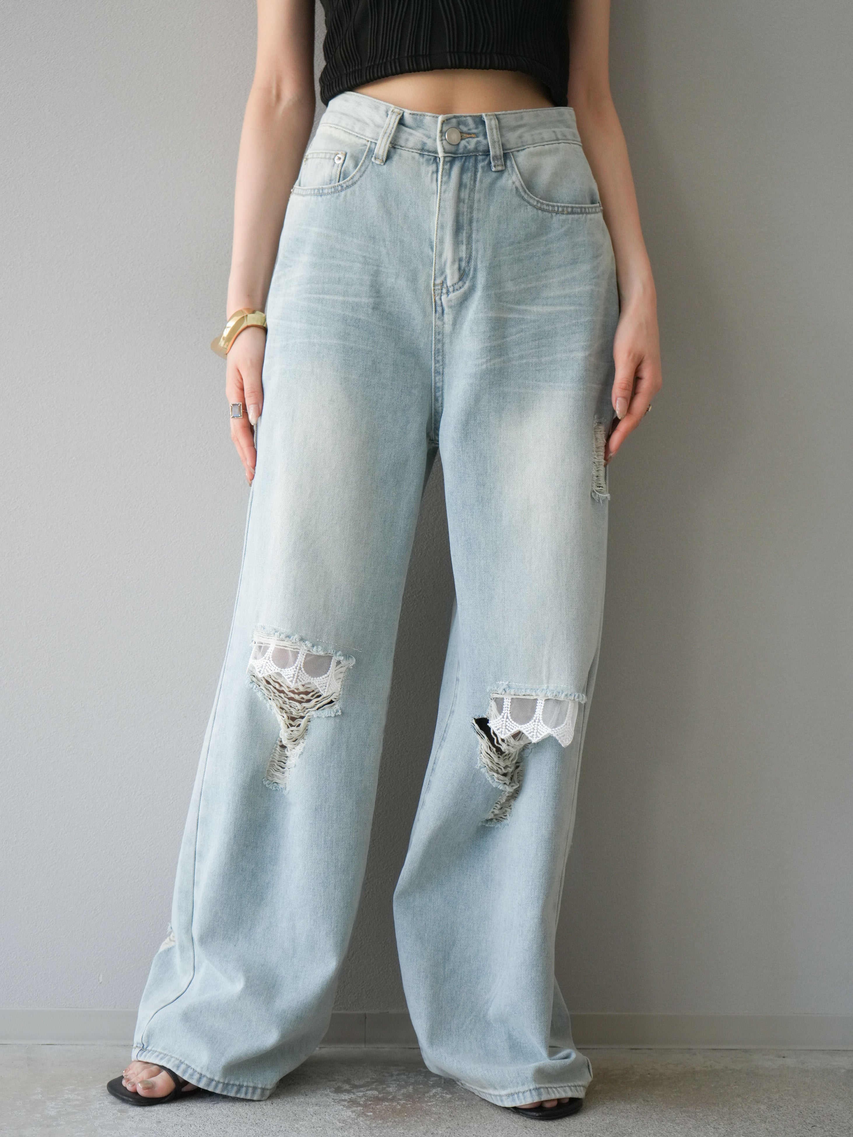 予約]レースパッチワークダメージデニム/ライトブルー – Lumier