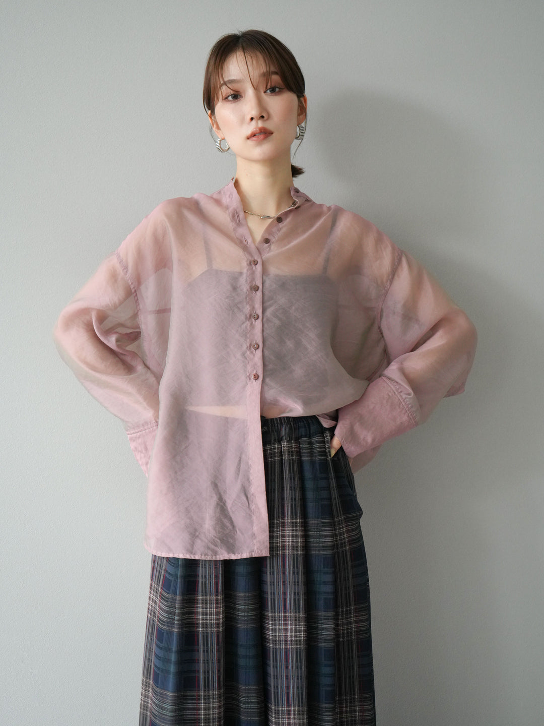 [SET] 亮面透視立領襯衫 + 亮面透視立領襯衫 (2 件套)