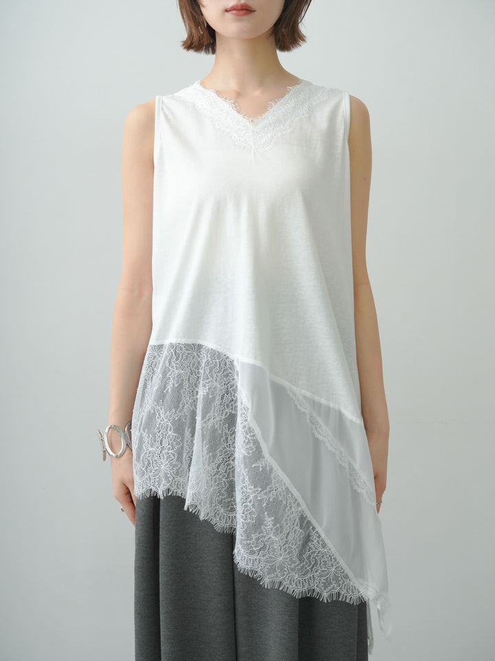 [予約]ヘムアシメレースドッキングノースリトップス/white