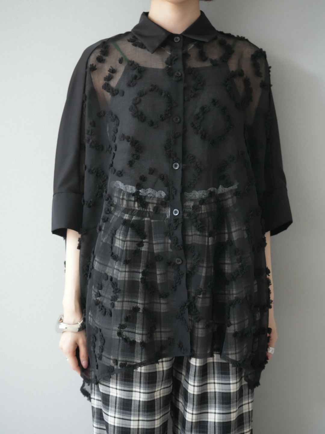 [預購] 混合材質透視半身襯衫/黑色