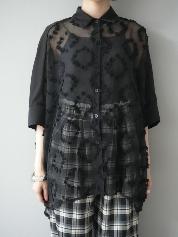 [預購] 混合材質透視半身襯衫/黑色