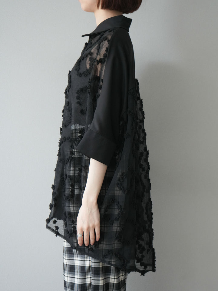 [預購] 混合材質透視半身襯衫/黑色