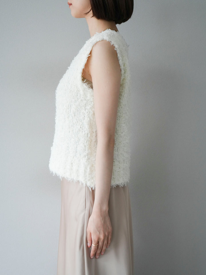 [予約]テープヤーンフリンジニットベスト/アイボリー