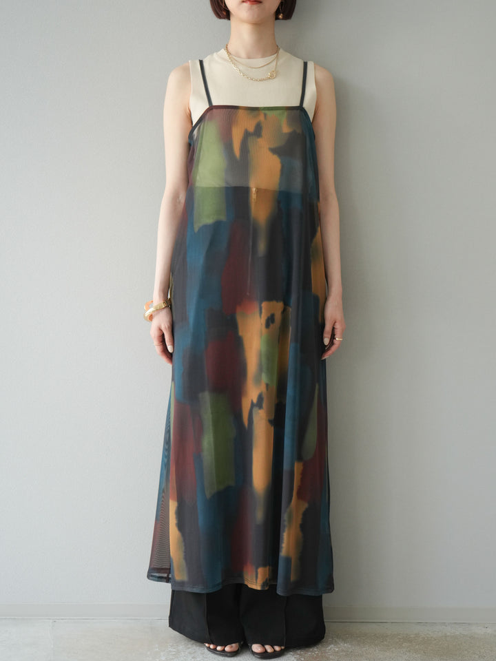 [予約]水彩アートシアーキャミワンピース/チャコール