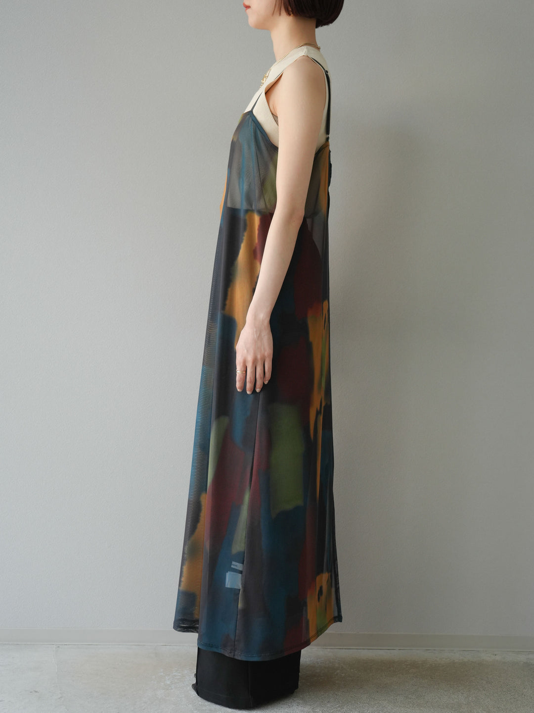 [予約]水彩アートシアーキャミワンピース/チャコール