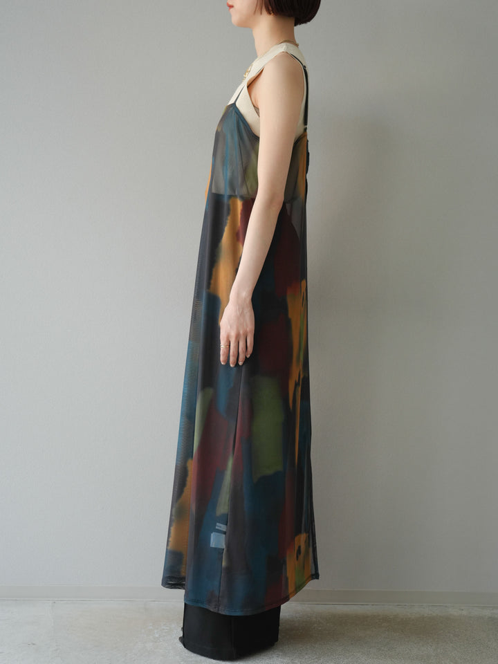 [予約]水彩アートシアーキャミワンピース/チャコール