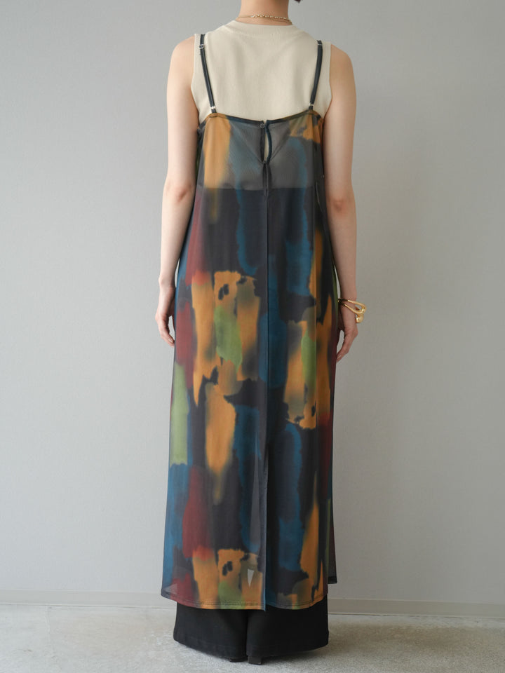 [予約]水彩アートシアーキャミワンピース/チャコール