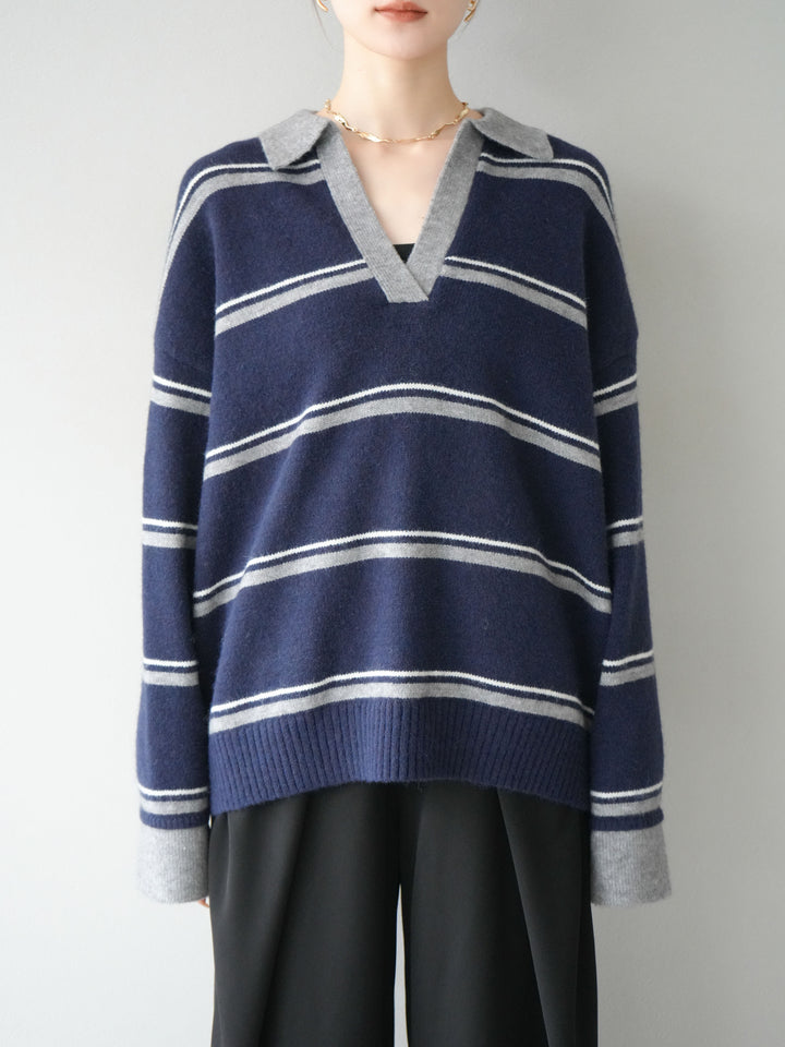 [予約]ポロ襟スキッパーボーダーニットプルオーバー/ネイビー