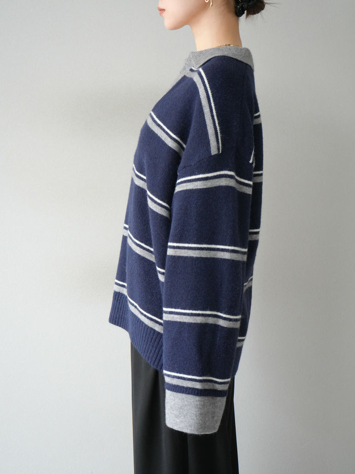 [予約]ポロ襟スキッパーボーダーニットプルオーバー/ネイビー