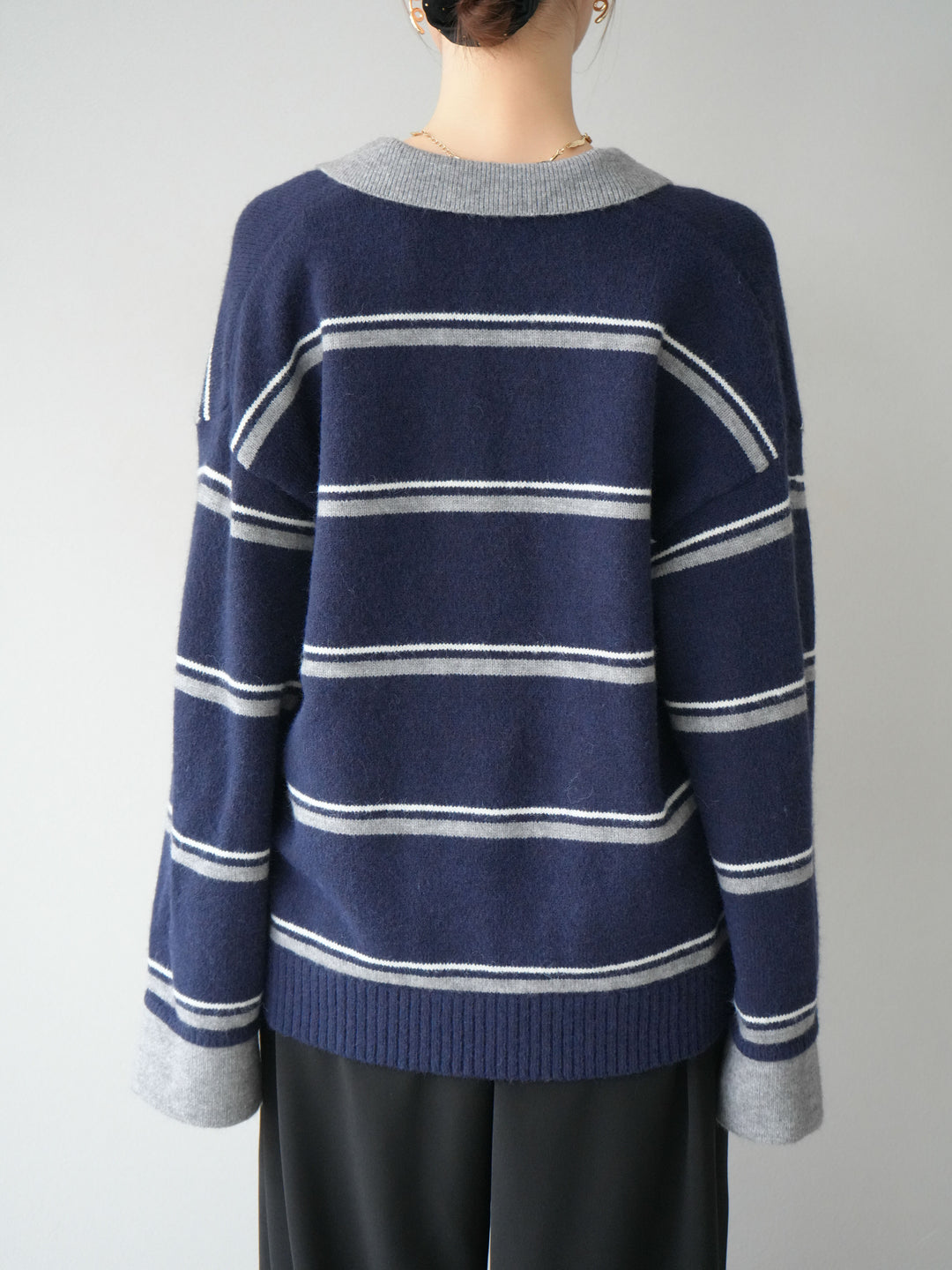 [予約]ポロ襟スキッパーボーダーニットプルオーバー/ネイビー