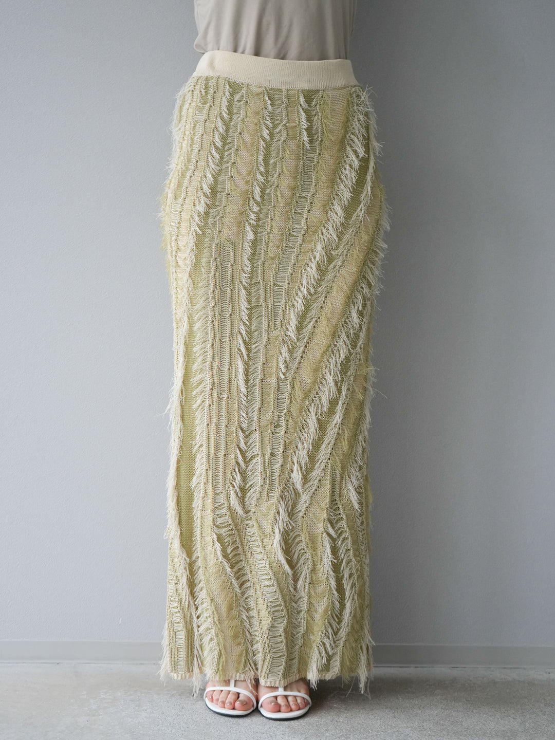 [予約]ミックスヤーンフリンジタイトスカート/グリーン