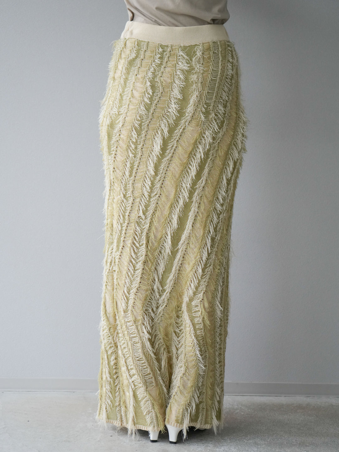 [予約]ミックスヤーンフリンジタイトスカート/グリーン