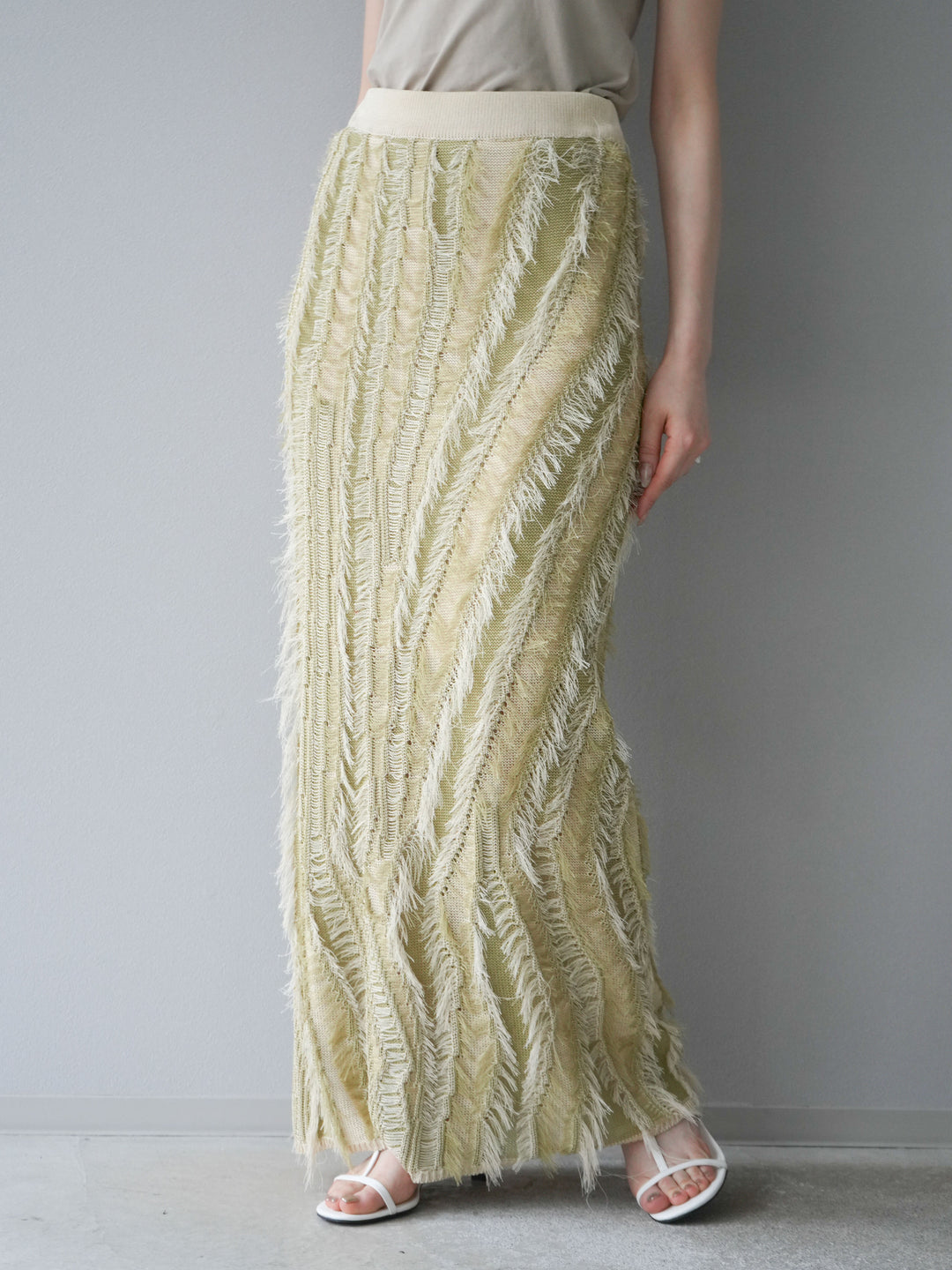 [予約]ミックスヤーンフリンジタイトスカート/グリーン