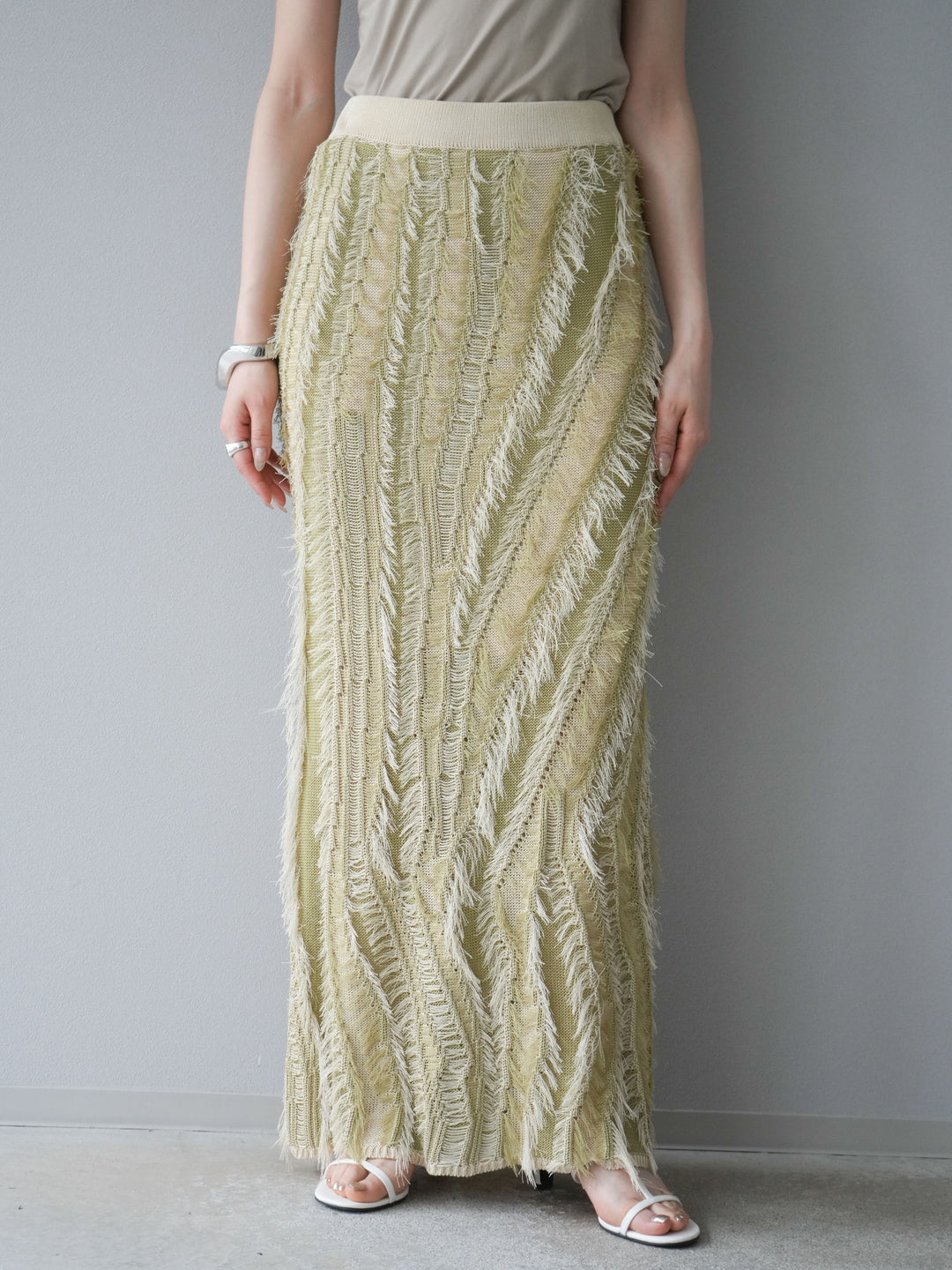 [予約]ミックスヤーンフリンジタイトスカート/グリーン