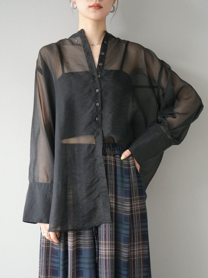 [SET] 亮面透視立領襯衫 + 亮面透視立領襯衫 (2 件套)