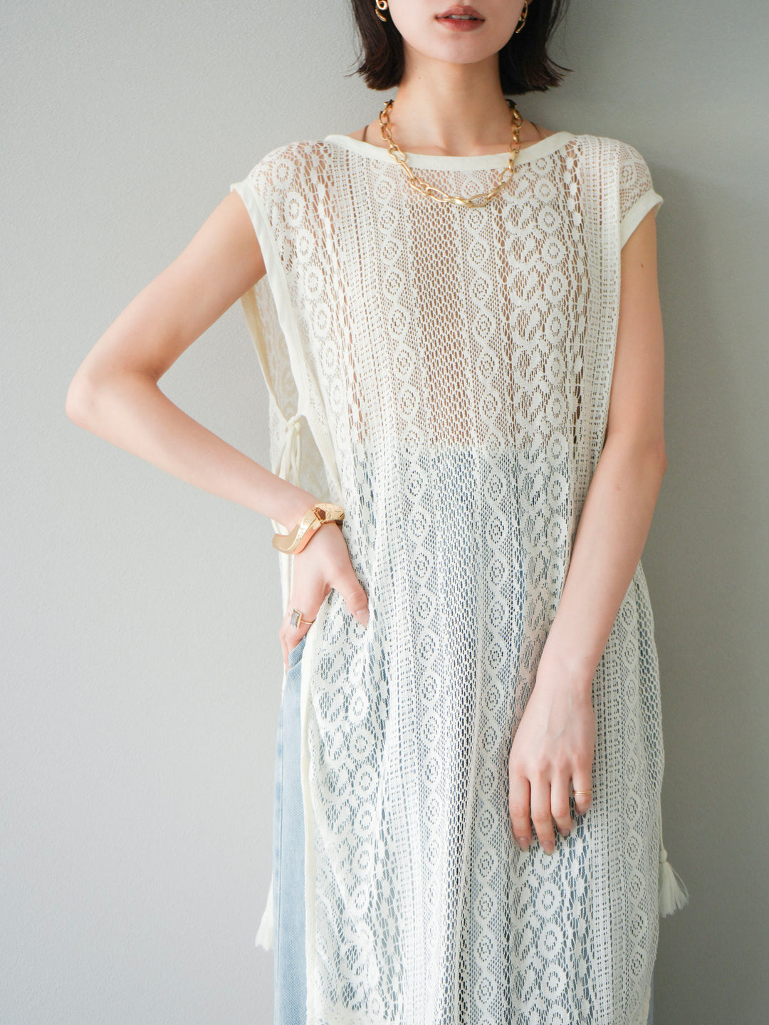 [予約]インド製レースレイヤードワンピース/オフ