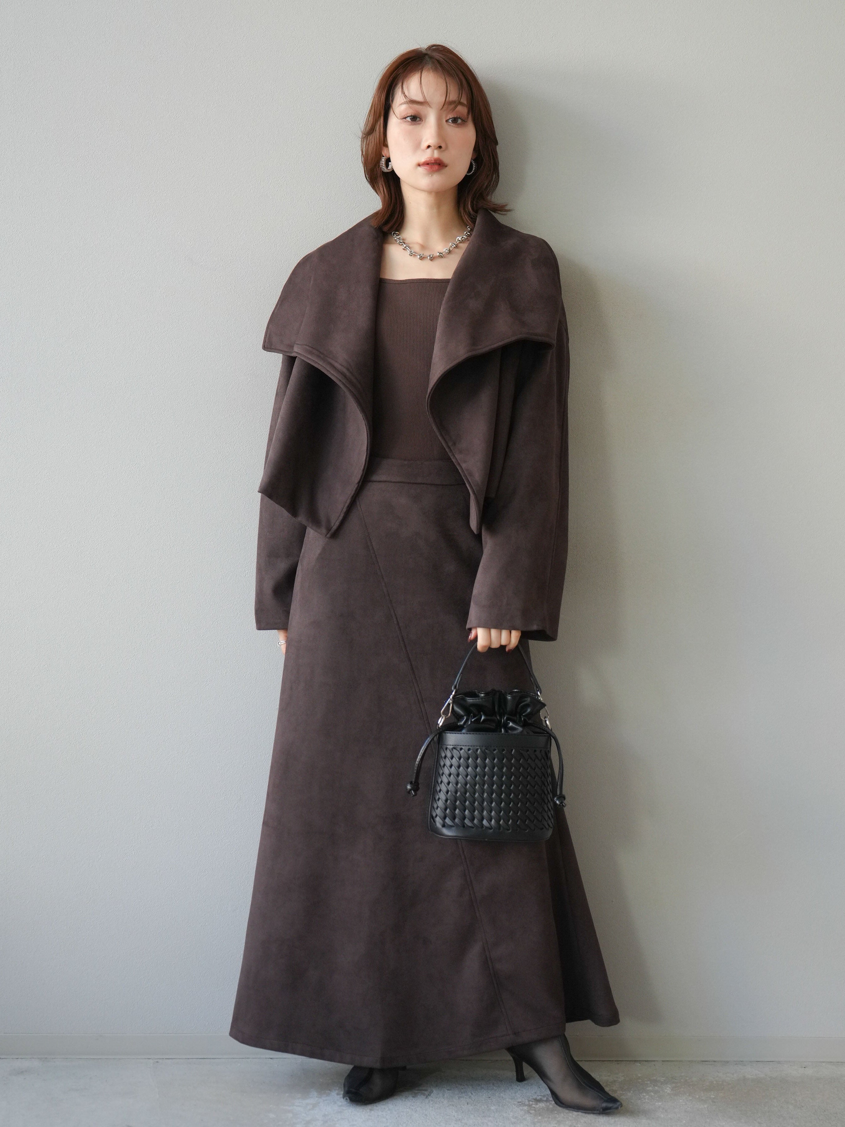 ブラウン スエード ショートジャケット SET]スエードショートジャケット＆ロングスカートSET UP(2set