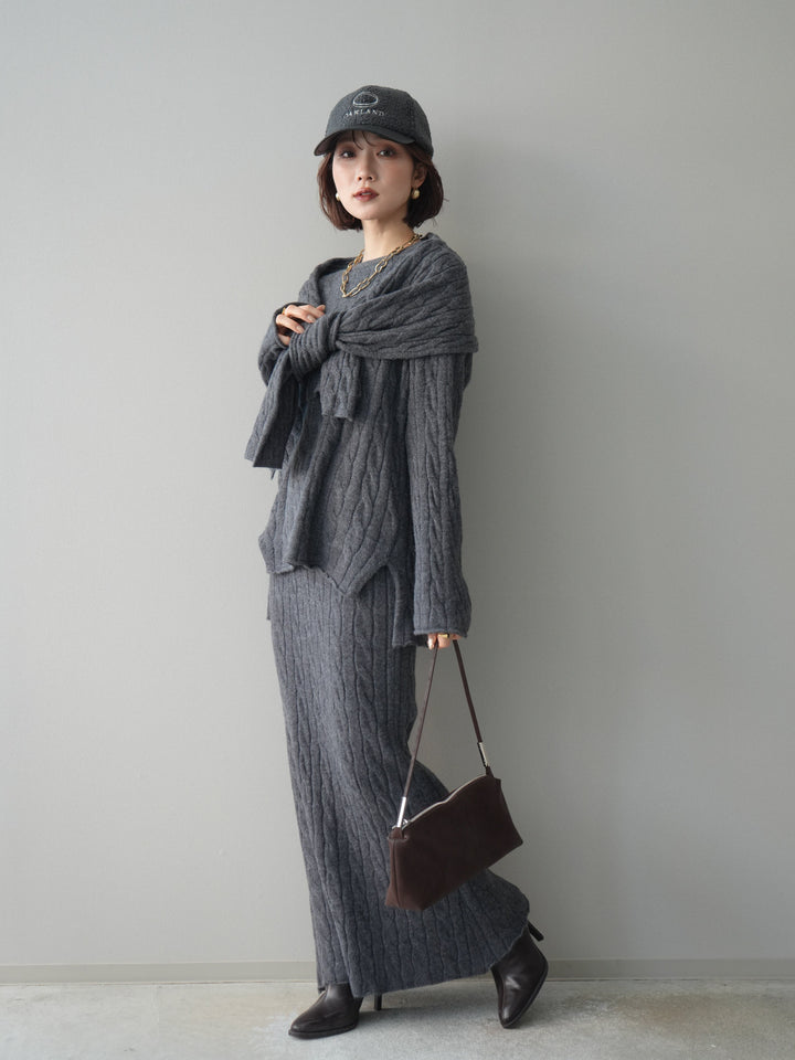 [SET]ストール付ケーブルニットプルオーバー&ロングスカートSET UP(2set)