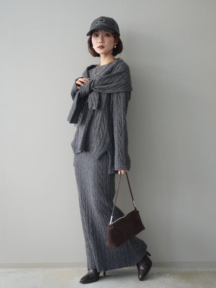 [SET]ストール付ケーブルニットプルオーバー&ロングスカートSET UP+選べるアクセセット(2set)