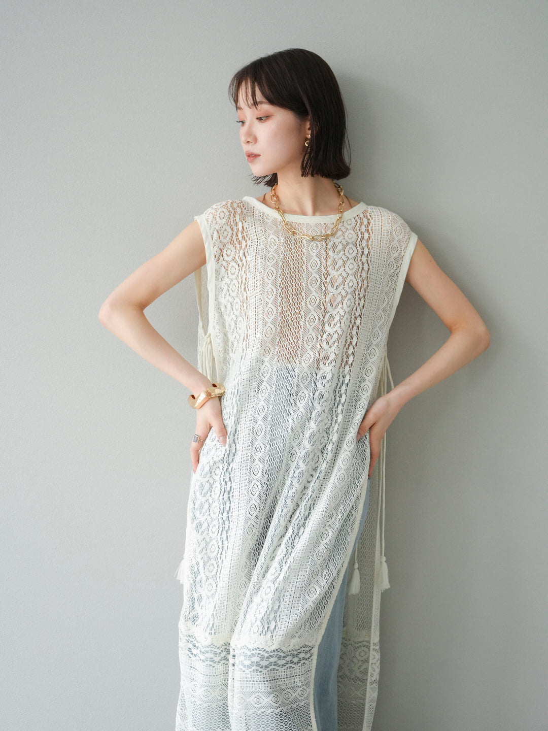 [予約]インド製レースレイヤードワンピース/オフ