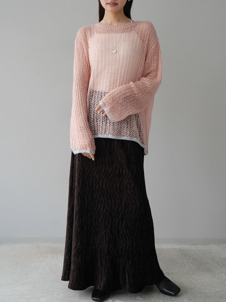 【預購】金銀絲拼色鏤空針織套頭衫/粉紅色