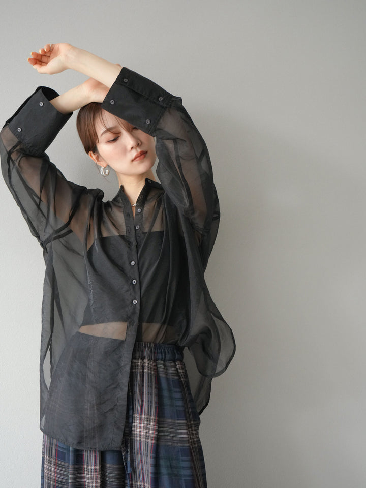 [SET] 亮面透視立領襯衫 + 亮面透視立領襯衫 (2 件套)