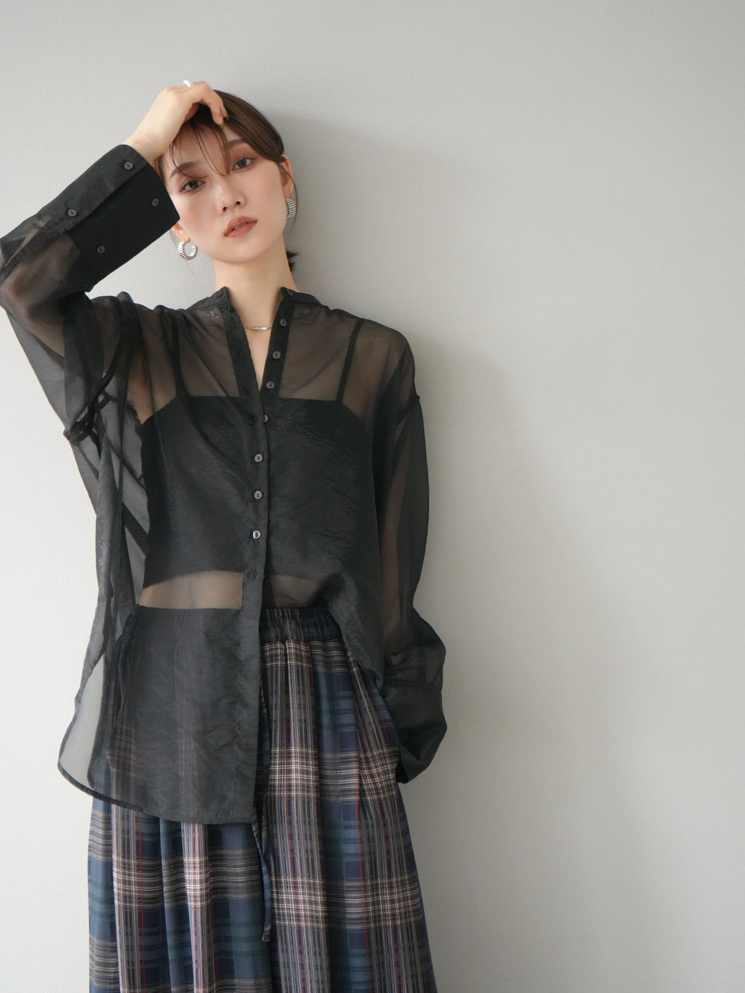 [SET] 亮面透視立領襯衫 + 亮面透視立領襯衫 (2 件套)