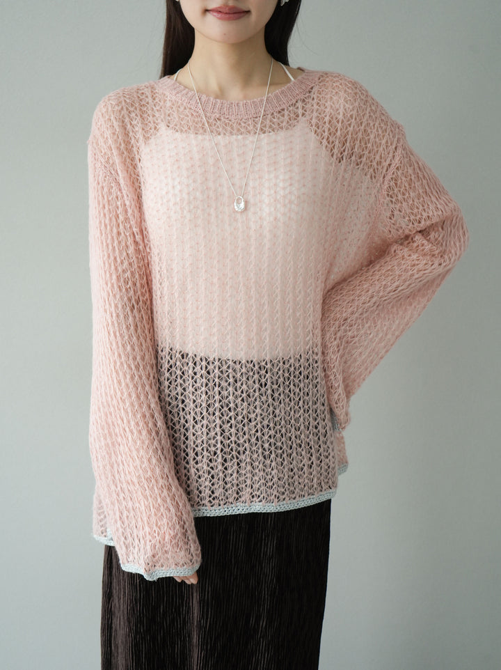 【預購】金銀絲拼色鏤空針織套頭衫/粉紅色