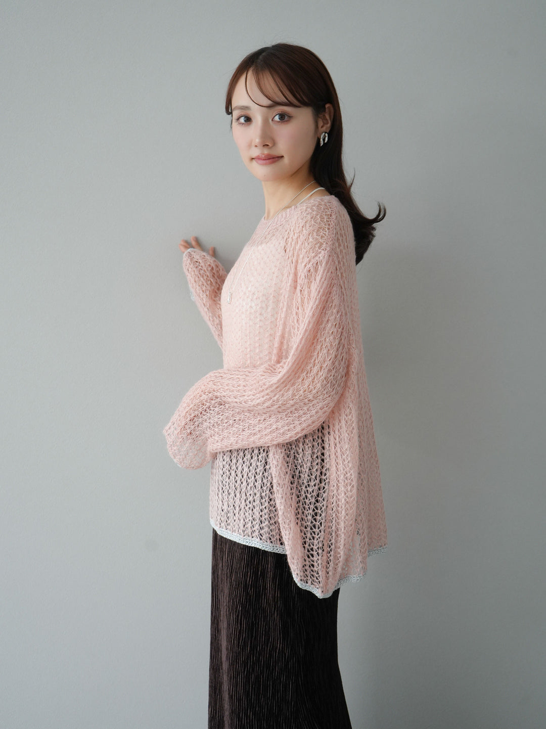 【預購】金銀絲拼色鏤空針織套頭衫/粉紅色