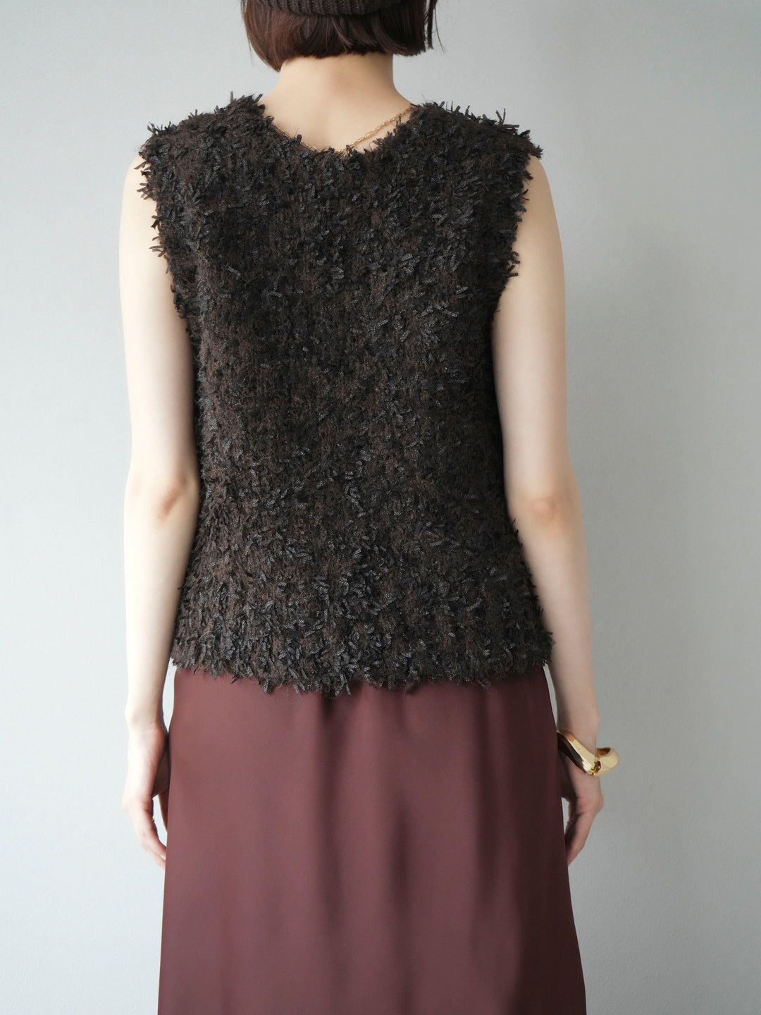 [予約]テープヤーンフリンジニットベスト/ブラウン