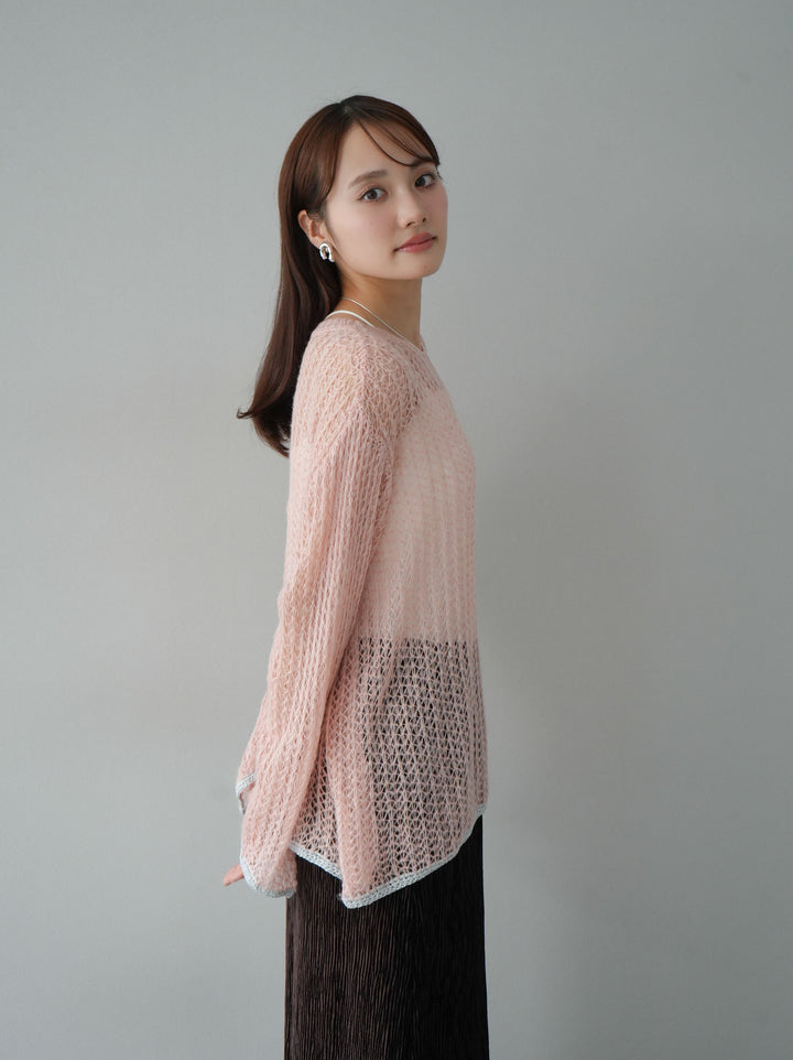 【預購】金銀絲拼色鏤空針織套頭衫/粉紅色