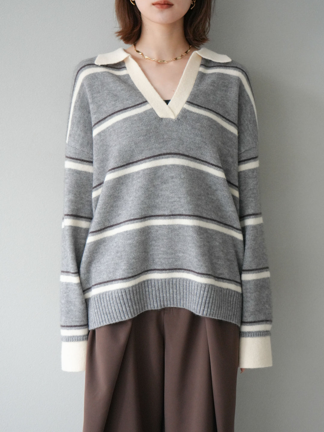 [予約]ポロ襟スキッパーボーダーニットプルオーバー/グレー