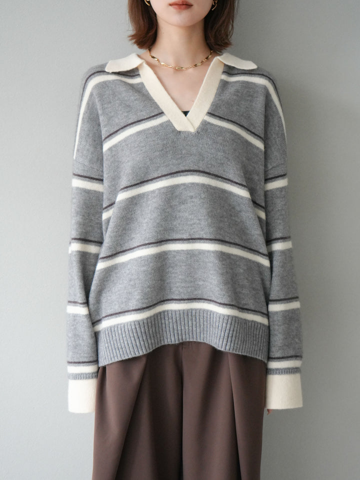 [予約]ポロ襟スキッパーボーダーニットプルオーバー/グレー