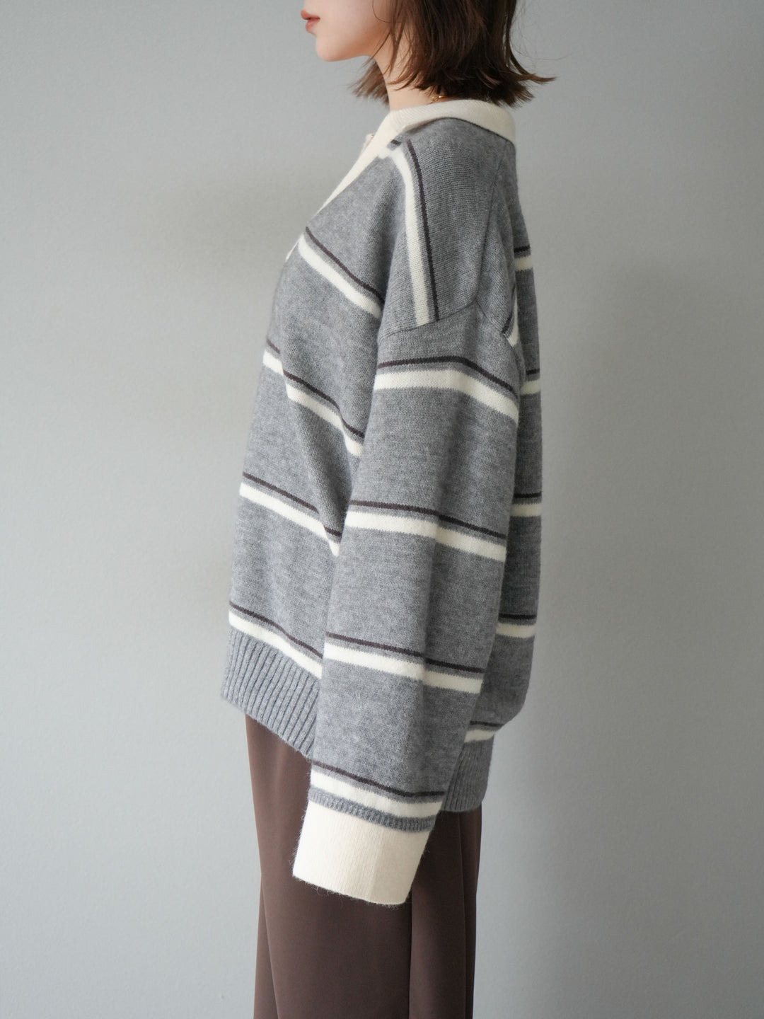 [予約]ポロ襟スキッパーボーダーニットプルオーバー/グレー