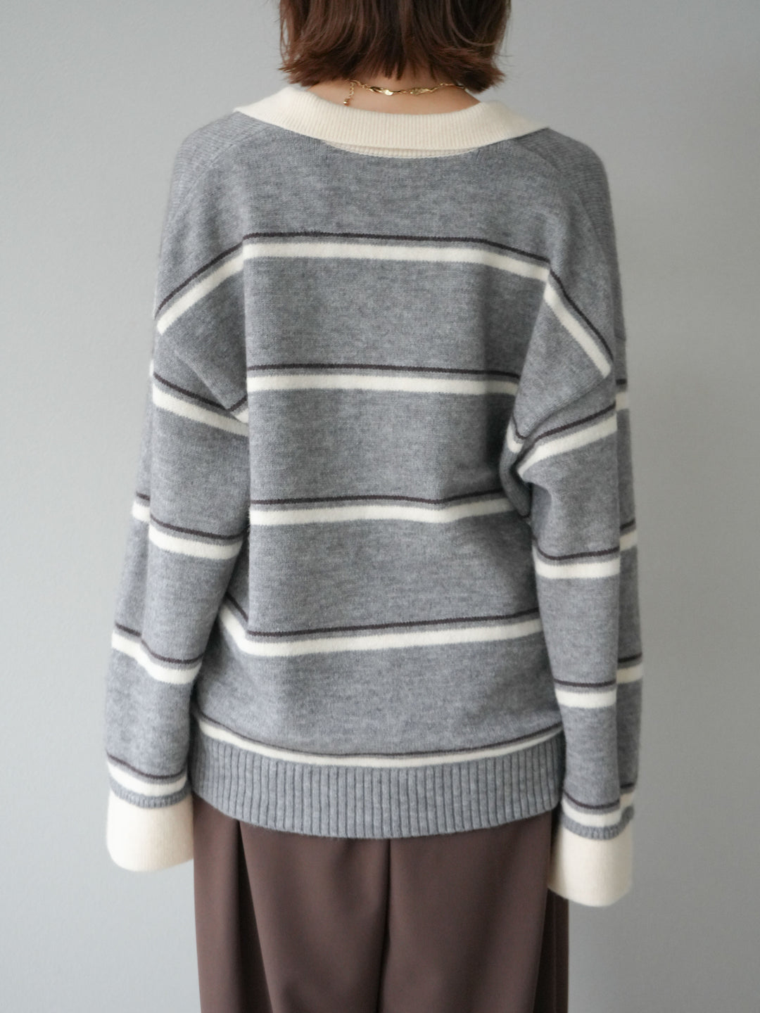 [予約]ポロ襟スキッパーボーダーニットプルオーバー/グレー