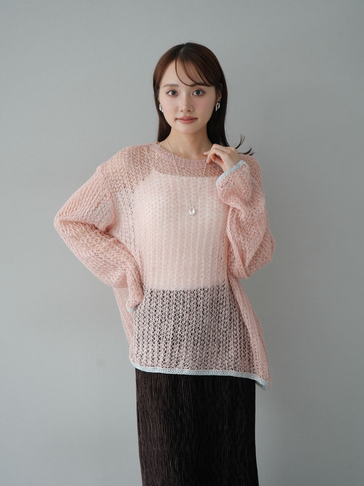 【預購】金銀絲拼色鏤空針織套頭衫/粉紅色