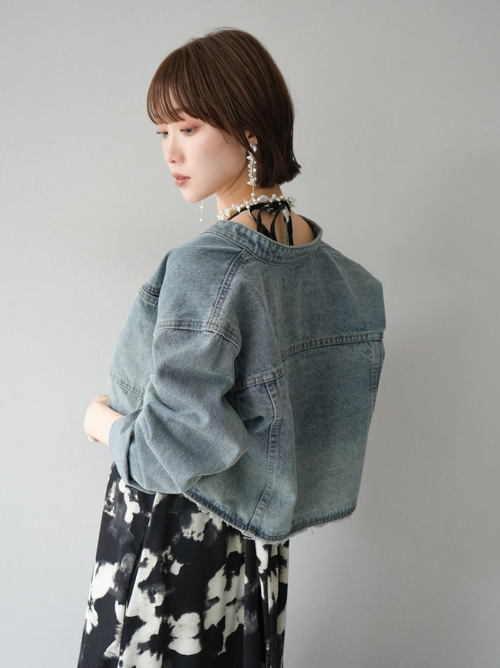 [SET] Back open flower print cami dress + no-collar zip design denim short jacket (2set)
