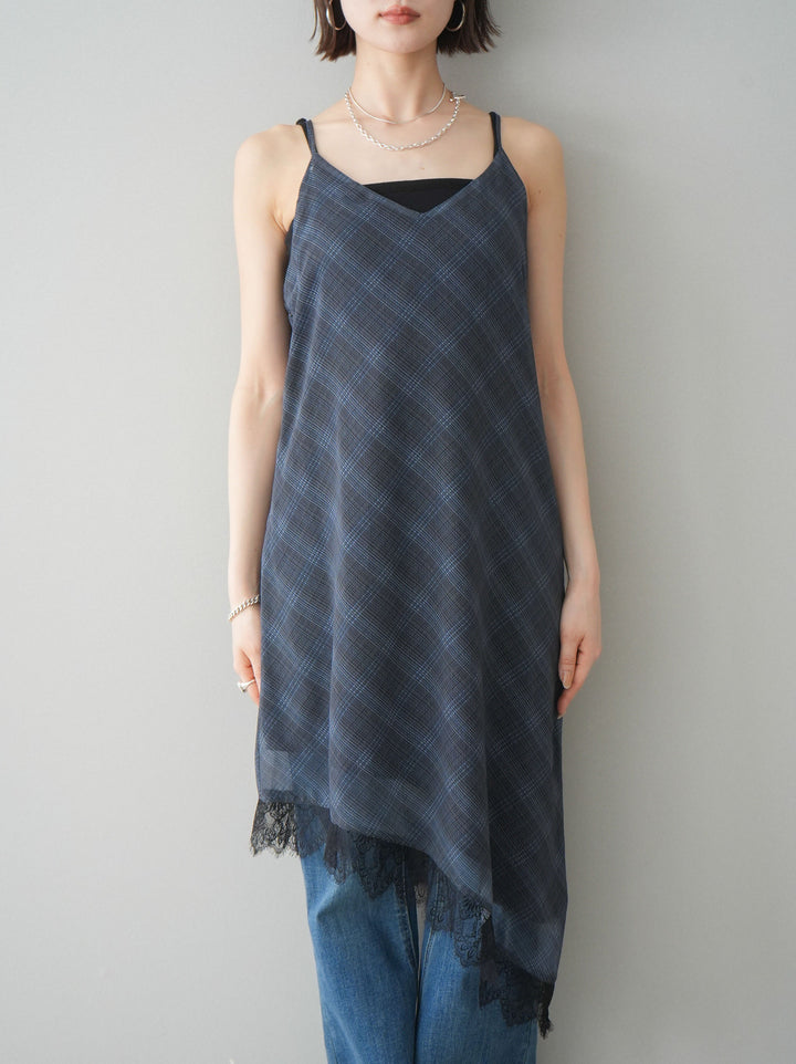 [予約]アシンメトリーチェック柄レースキャミソール/black