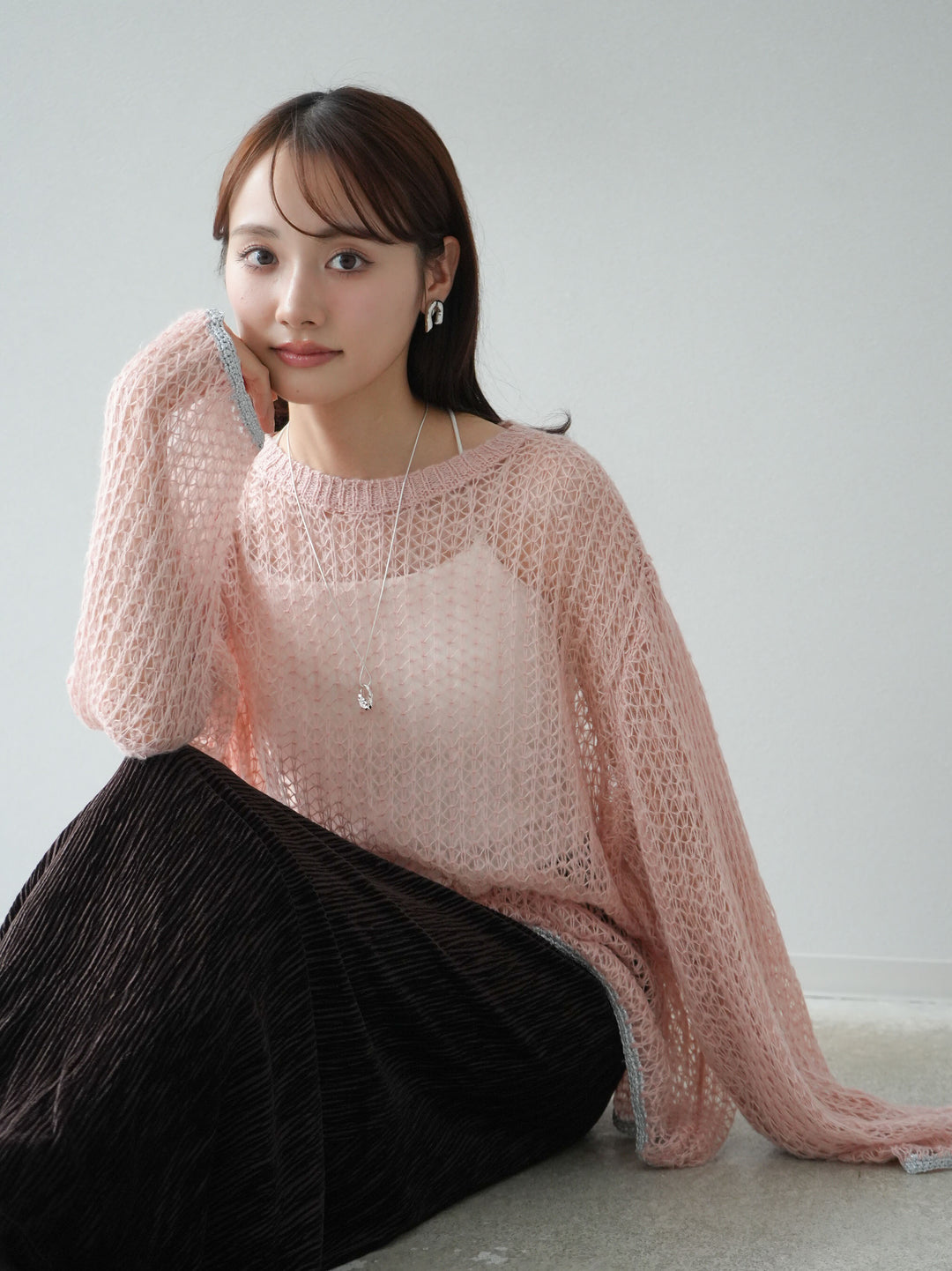 【預購】金銀絲拼色鏤空針織套頭衫/粉紅色