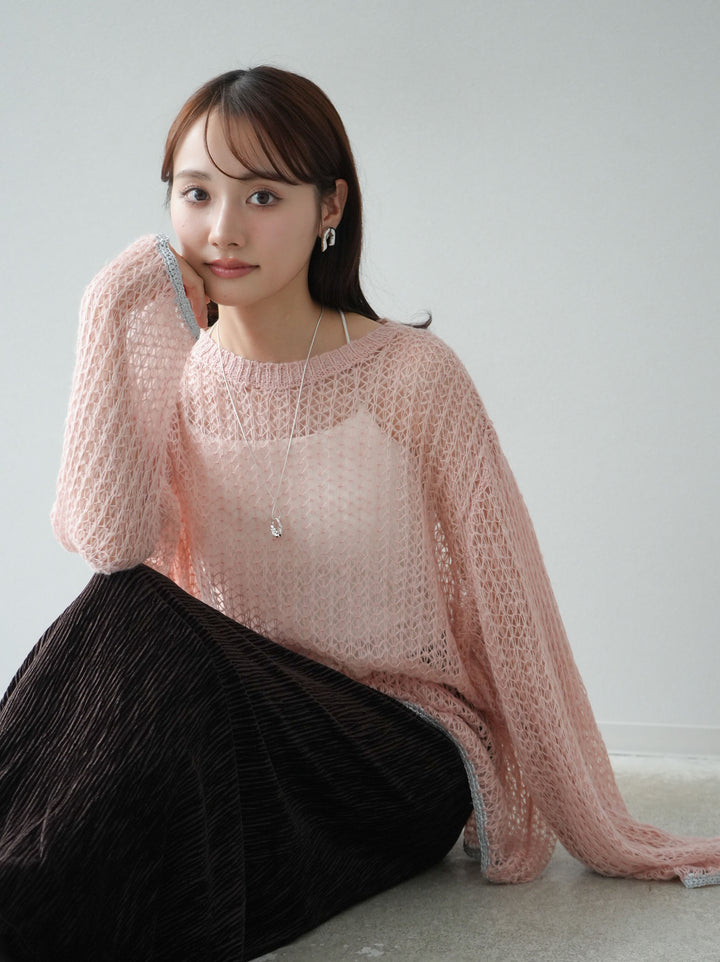 【預購】金銀絲拼色鏤空針織套頭衫/粉紅色