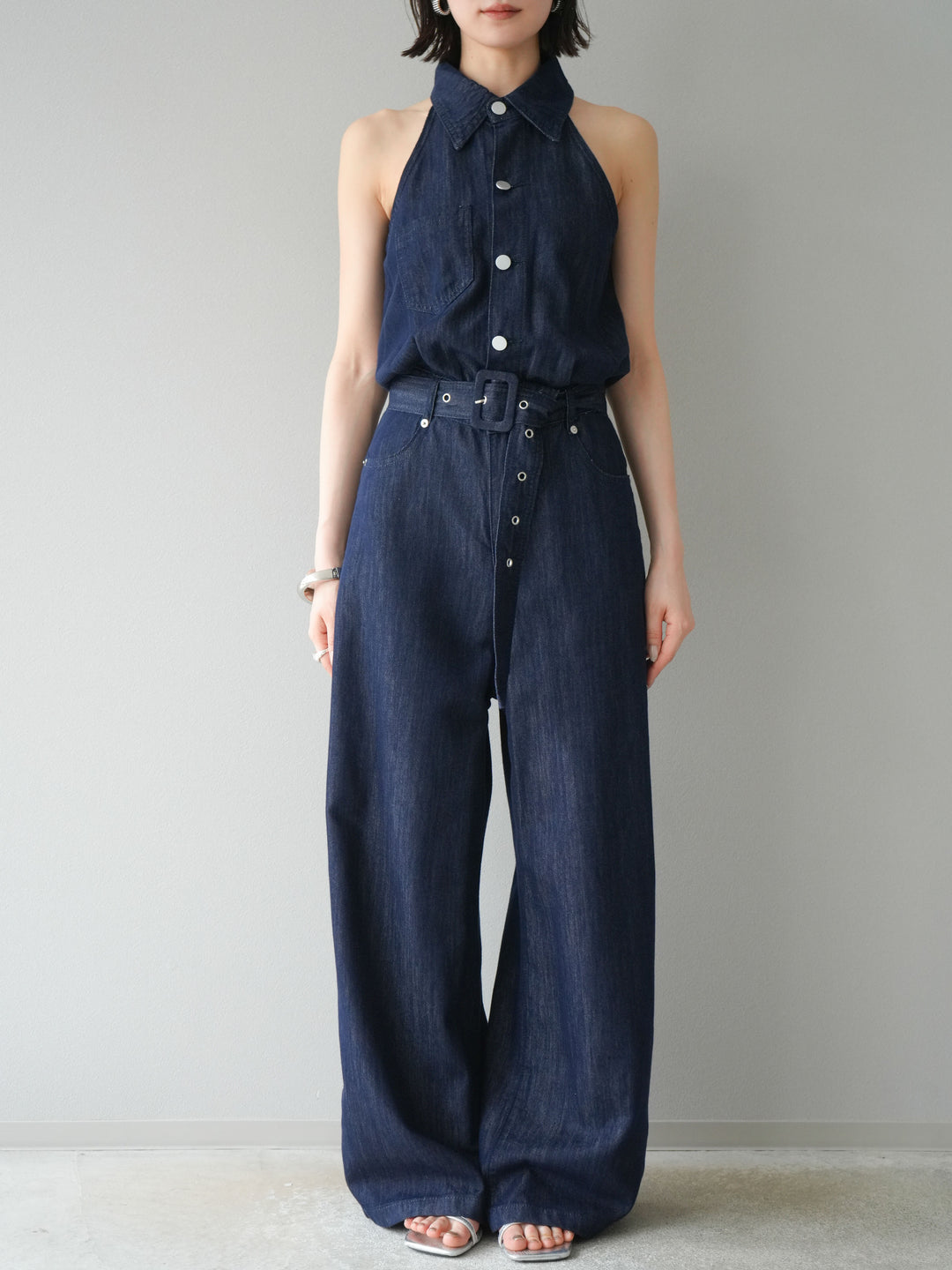 【預購】翻領牛仔連身衣/深藍色