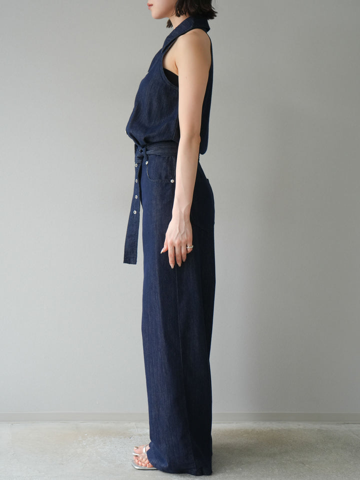 【預購】翻領牛仔連身衣/深藍色