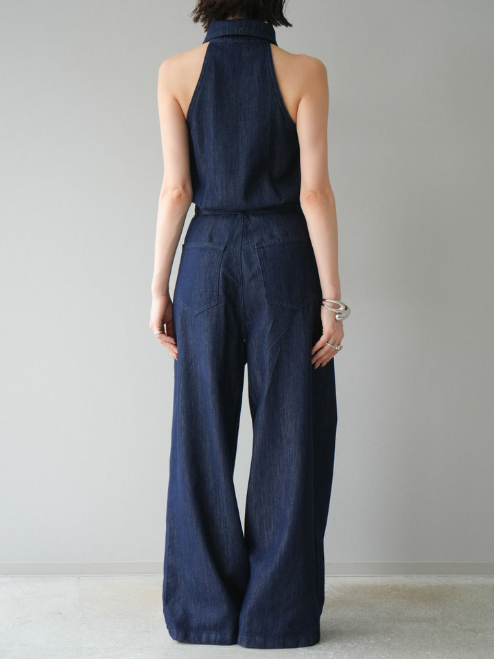 【預購】翻領牛仔連身衣/深藍色