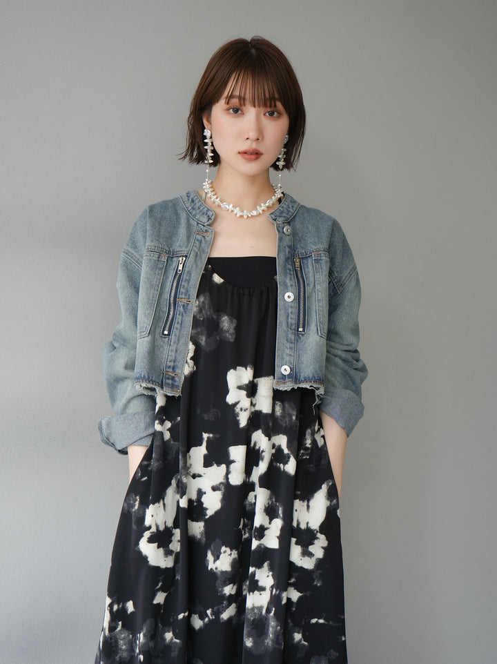 [SET] Back open flower print cami dress + no-collar zip design denim short jacket (2set)