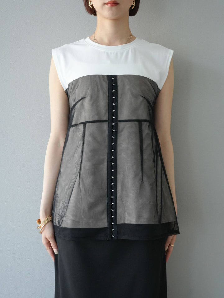 [預訂] 薄紗對接鉤設計剪裁套頭衫/脫下